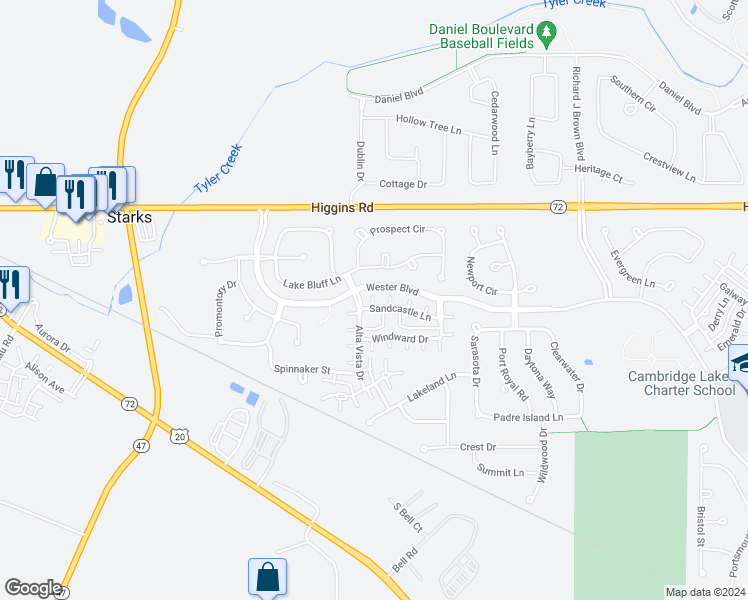 map of restaurants, bars, coffee shops, grocery stores, and more near 1702 Sandcastle Lane in Pingree Grove