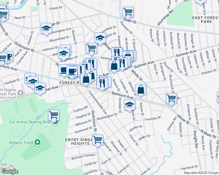 map of restaurants, bars, coffee shops, grocery stores, and more near 61 Orlando Street in Springfield