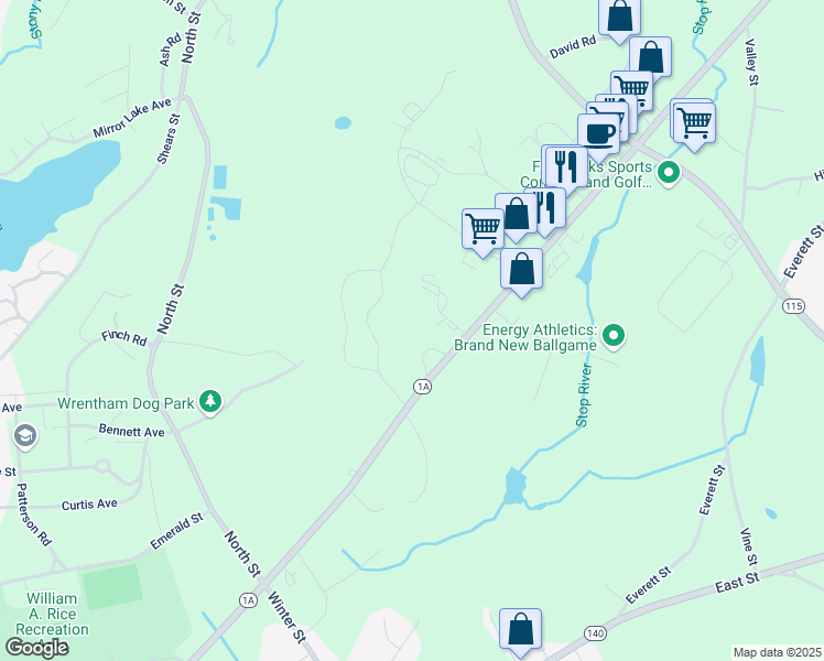 map of restaurants, bars, coffee shops, grocery stores, and more near 655 Dedham Street in Wrentham
