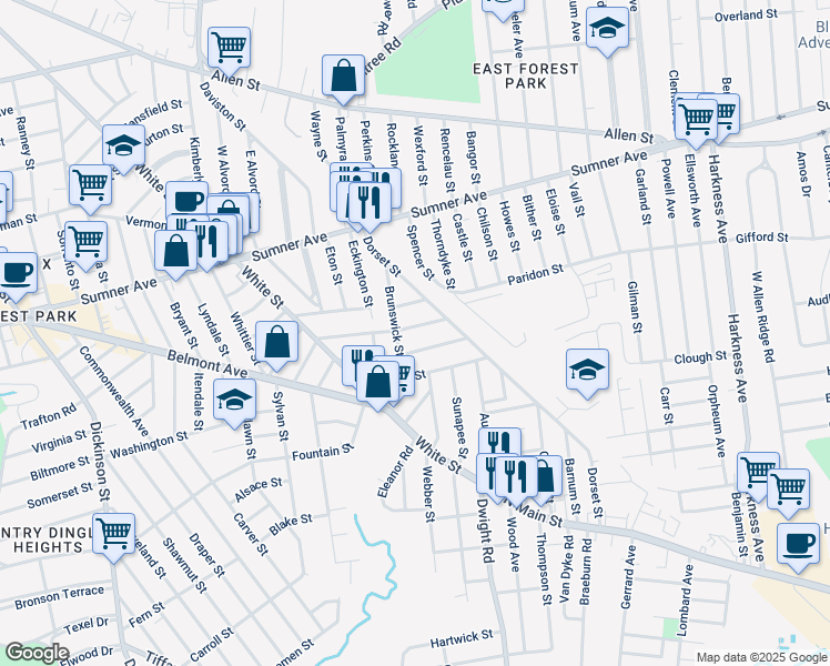 map of restaurants, bars, coffee shops, grocery stores, and more near 87 Brunswick Street in Springfield