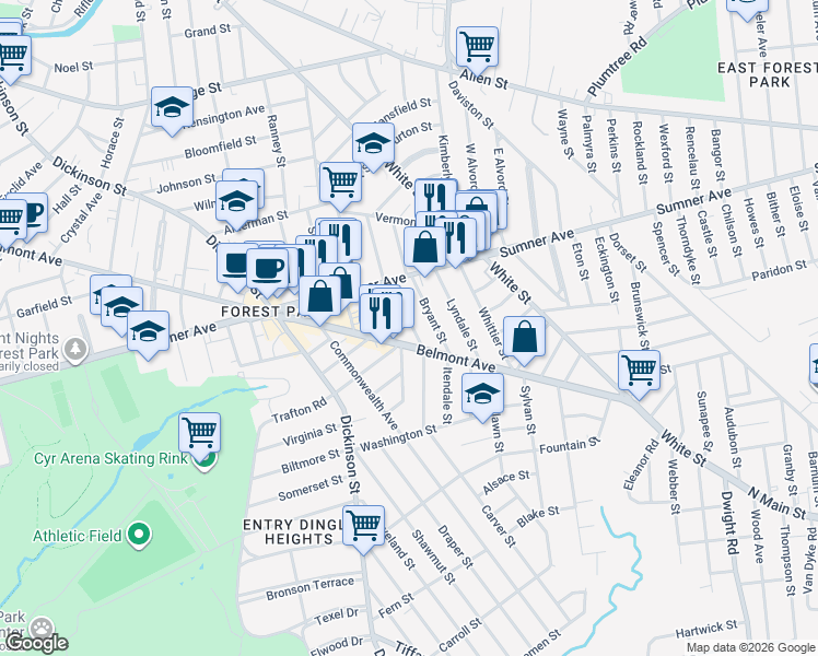 map of restaurants, bars, coffee shops, grocery stores, and more near 61 Orlando Street in Springfield