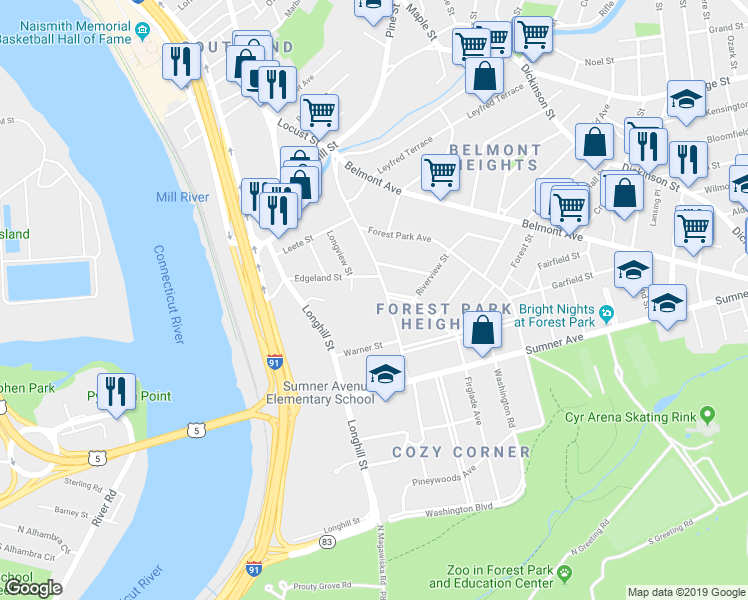 map of restaurants, bars, coffee shops, grocery stores, and more near 210 Fort Pleasant Avenue in Springfield