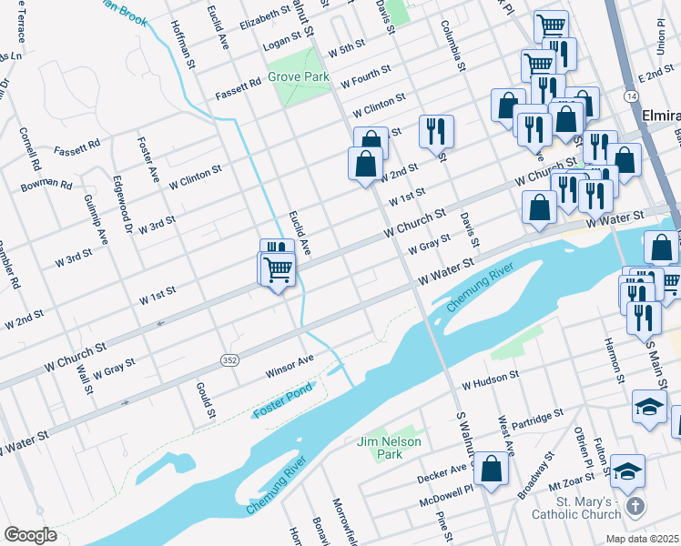 map of restaurants, bars, coffee shops, grocery stores, and more near 613 West Gray Street in Elmira