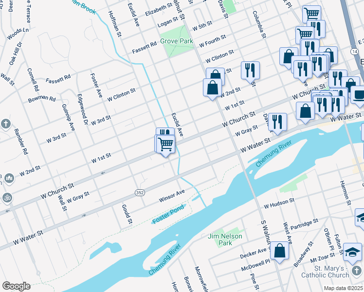 map of restaurants, bars, coffee shops, grocery stores, and more near 618 West Gray Street in Elmira