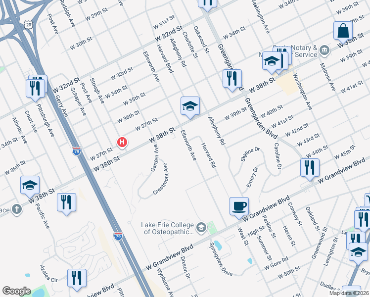 map of restaurants, bars, coffee shops, grocery stores, and more near 3910 Ellsworth Ave in Erie