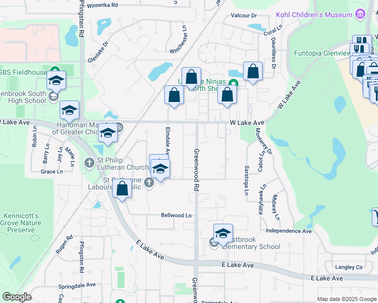 map of restaurants, bars, coffee shops, grocery stores, and more near 1682 Greenwood Road in Glenview
