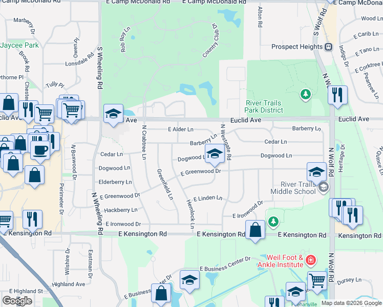 map of restaurants, bars, coffee shops, grocery stores, and more near 1110 Dogwood Lane in Mount Prospect