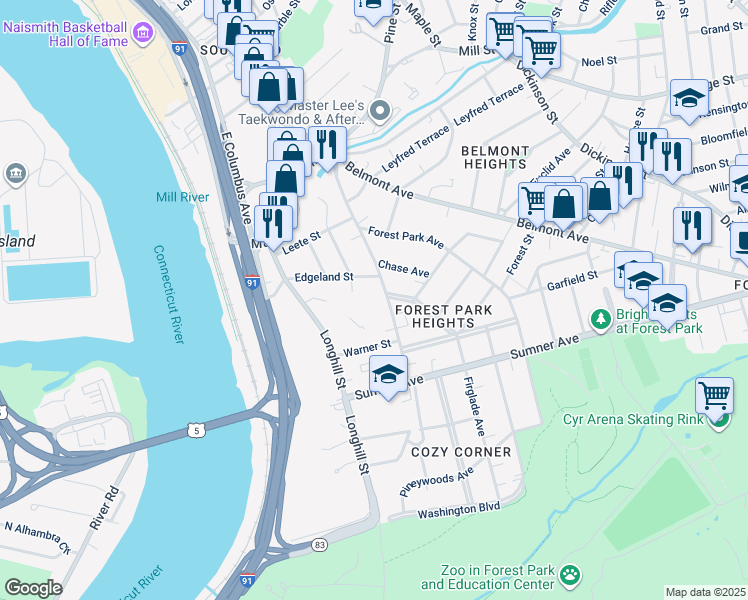map of restaurants, bars, coffee shops, grocery stores, and more near 210 Fort Pleasant Avenue in Springfield