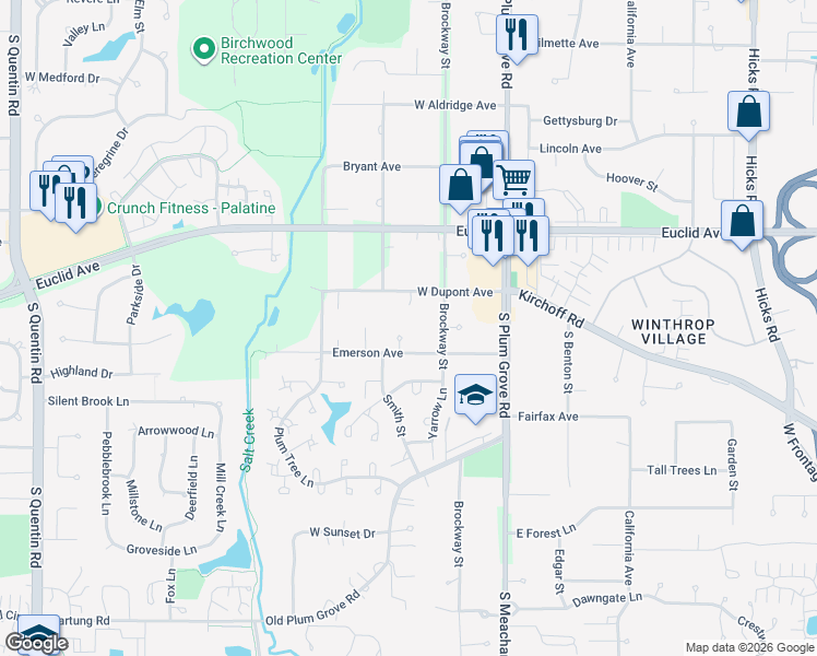 map of restaurants, bars, coffee shops, grocery stores, and more near 2321 Brockway Street in Palatine