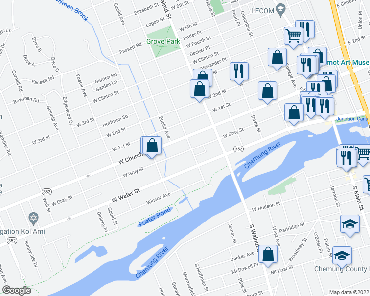 map of restaurants, bars, coffee shops, grocery stores, and more near 604 West Gray Street in Elmira