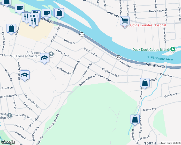 map of restaurants, bars, coffee shops, grocery stores, and more near 1 Fuller Hollow Road in Binghamton