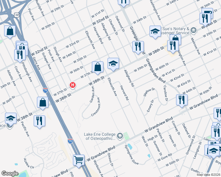 map of restaurants, bars, coffee shops, grocery stores, and more near 3910 Ellsworth Ave in Erie