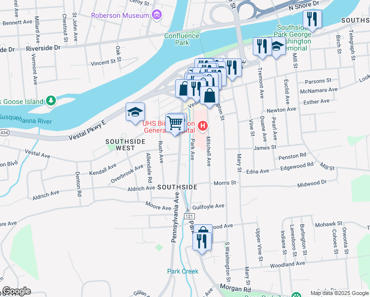 map of restaurants, bars, coffee shops, grocery stores, and more near 73 Pennsylvania Avenue in Binghamton