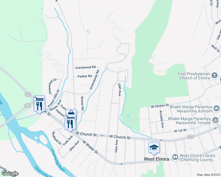 map of restaurants, bars, coffee shops, grocery stores, and more near 517 Larchmont Road in Elmira