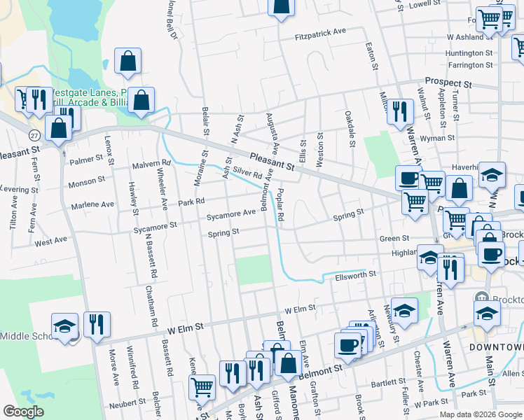 map of restaurants, bars, coffee shops, grocery stores, and more near 4 Sycamore Ave in Brockton