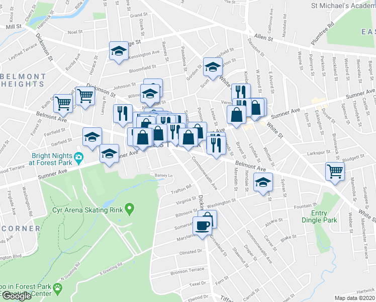 map of restaurants, bars, coffee shops, grocery stores, and more near 2 Commonwealth Avenue in Springfield