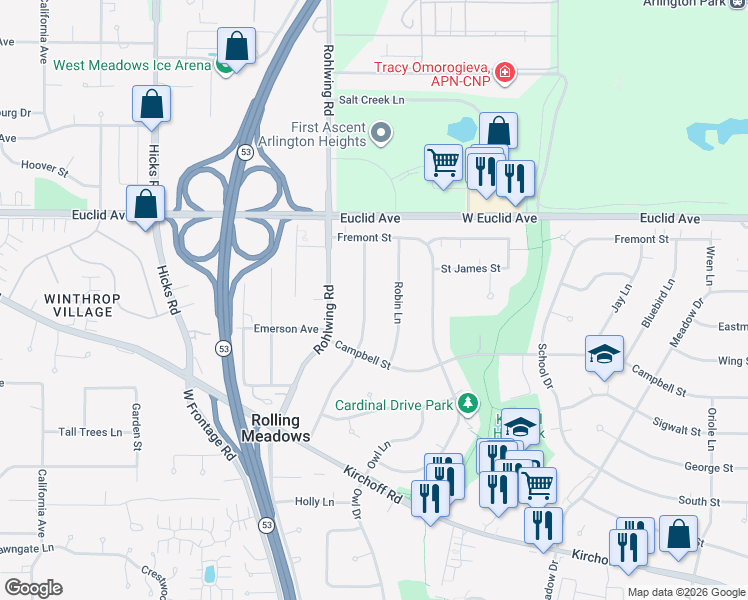 map of restaurants, bars, coffee shops, grocery stores, and more near 2305 Robin Lane in Rolling Meadows