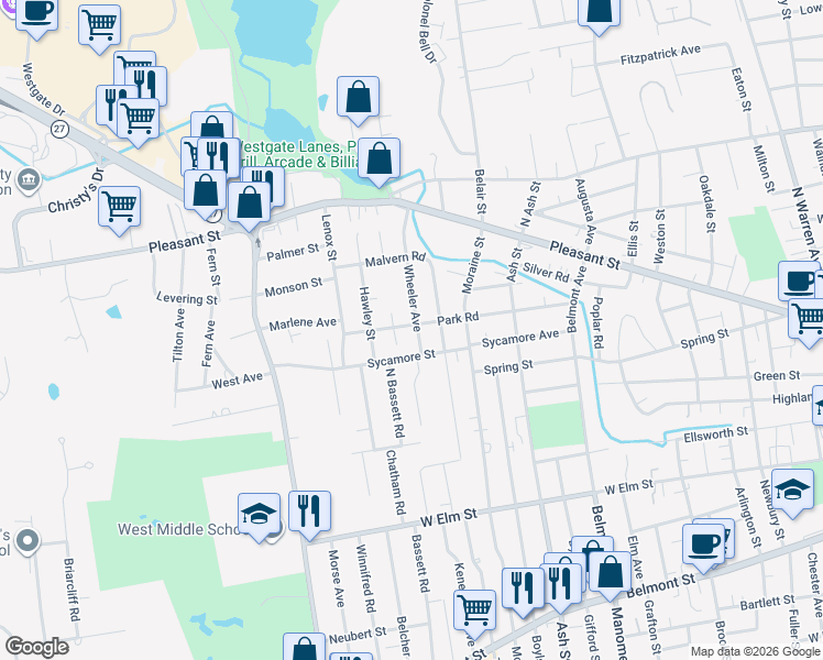 map of restaurants, bars, coffee shops, grocery stores, and more near 113 Wheeler Avenue in Brockton