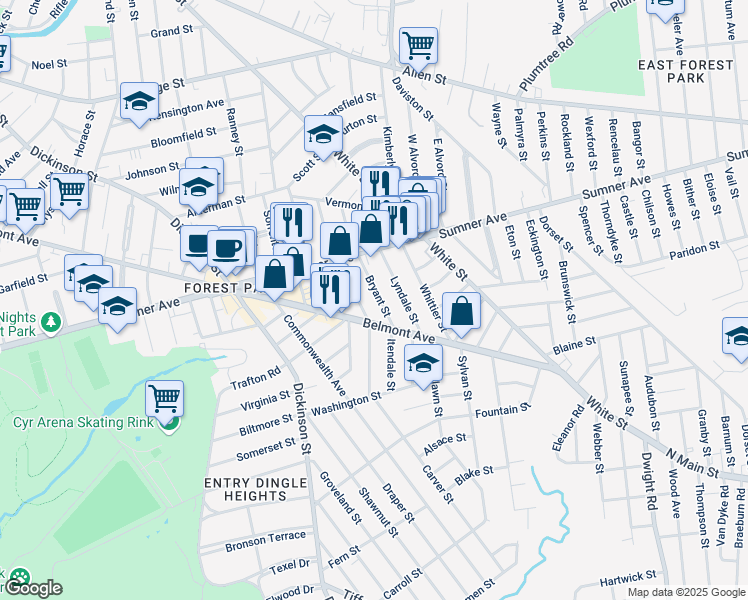map of restaurants, bars, coffee shops, grocery stores, and more near 61 Orlando Street in Springfield