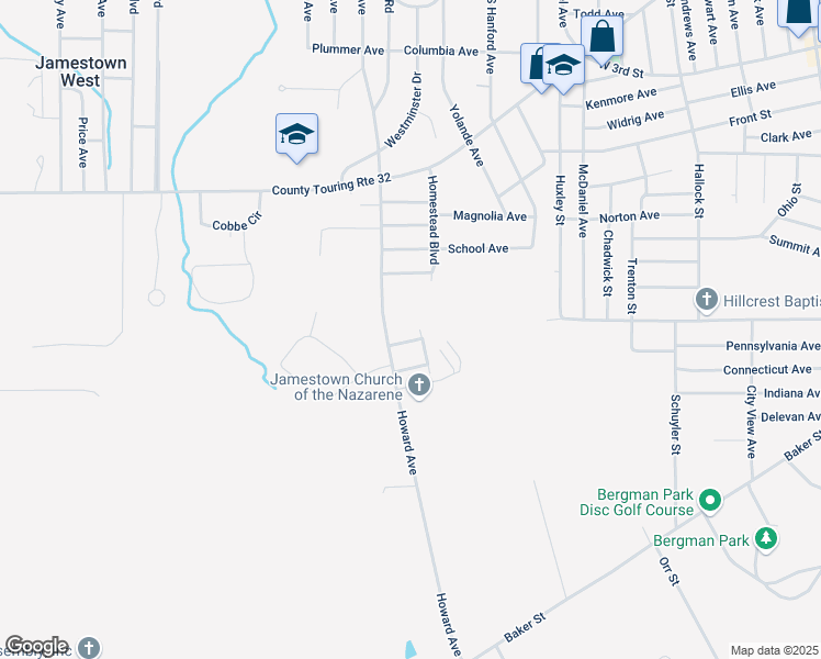 map of restaurants, bars, coffee shops, grocery stores, and more near 341 Howard Avenue in Jamestown