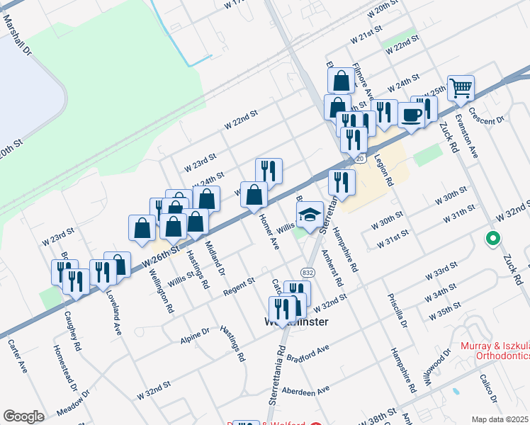 map of restaurants, bars, coffee shops, grocery stores, and more near 3141 W 26th St in Erie