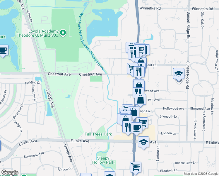 map of restaurants, bars, coffee shops, grocery stores, and more near 1645 Sequoia Trail in Glenview