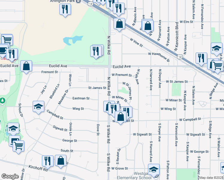 map of restaurants, bars, coffee shops, grocery stores, and more near 2303 Wilke Road in Rolling Meadows