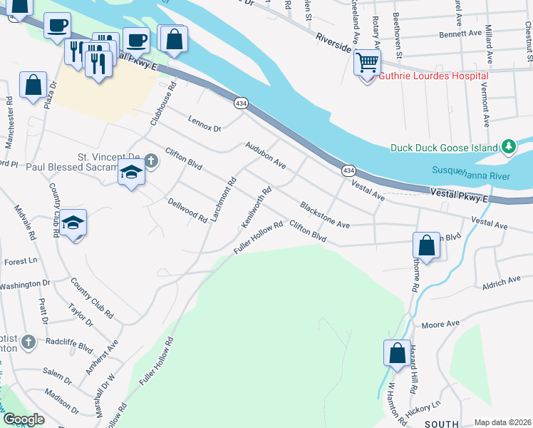 map of restaurants, bars, coffee shops, grocery stores, and more near 1 Fuller Hollow Road in Binghamton