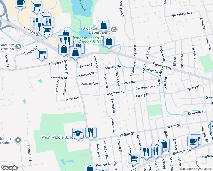 map of restaurants, bars, coffee shops, grocery stores, and more near 90 Hawley Street in Brockton