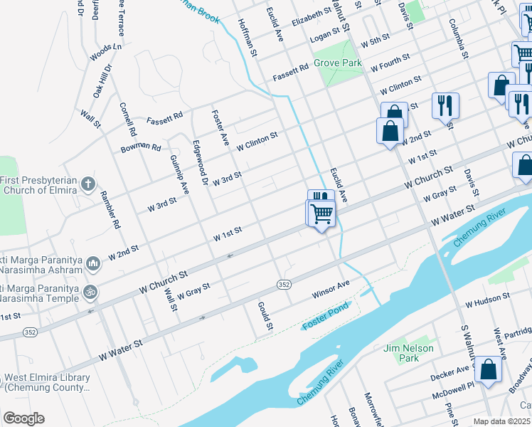 map of restaurants, bars, coffee shops, grocery stores, and more near 731 West 1st Street in Elmira