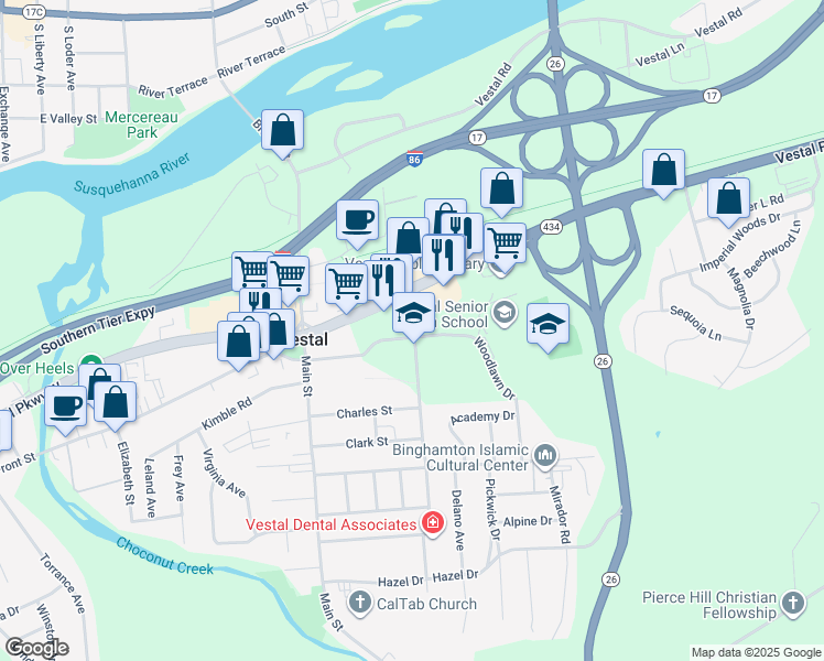 map of restaurants, bars, coffee shops, grocery stores, and more near 116 Clayton Avenue in Vestal