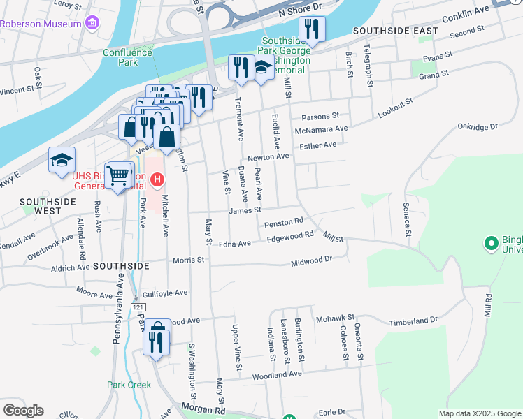map of restaurants, bars, coffee shops, grocery stores, and more near James Street & Pearl Avenue in Binghamton