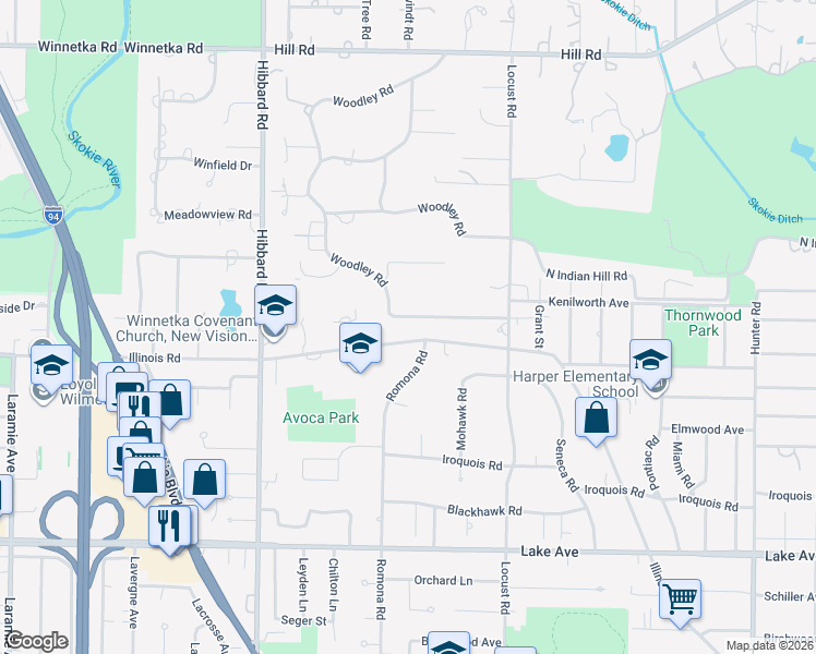 map of restaurants, bars, coffee shops, grocery stores, and more near 144 Woodley Road in Winnetka