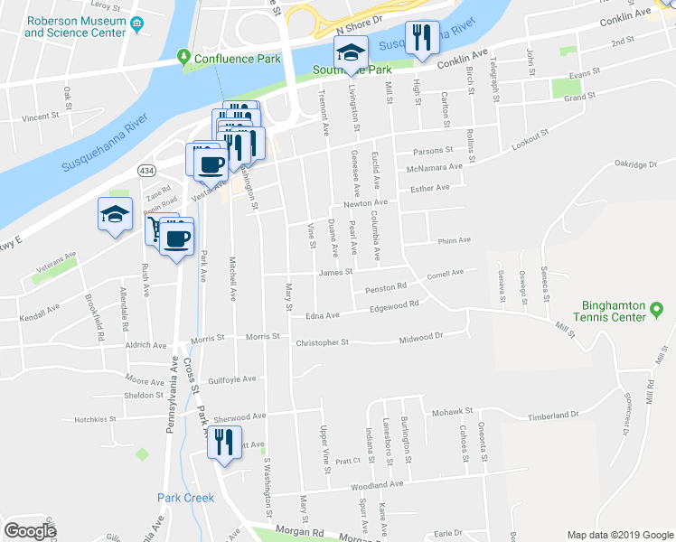 map of restaurants, bars, coffee shops, grocery stores, and more near 40 Duane Avenue in Binghamton