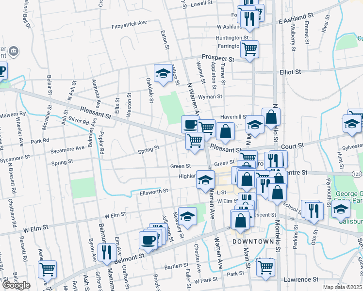 map of restaurants, bars, coffee shops, grocery stores, and more near 134 Spring Street in Brockton