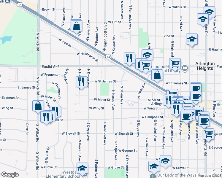 map of restaurants, bars, coffee shops, grocery stores, and more near 237 South Kennicott Avenue in Arlington Heights