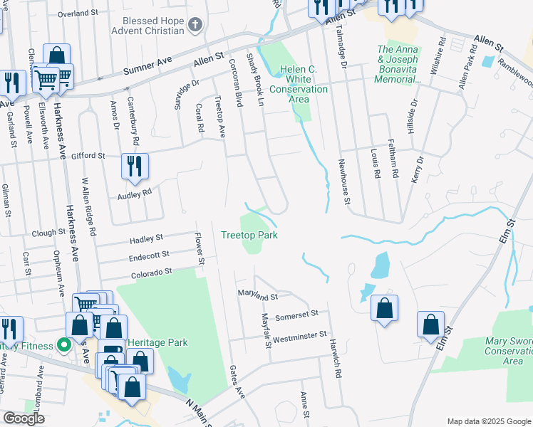 map of restaurants, bars, coffee shops, grocery stores, and more near 266 Corcoran Boulevard in Springfield