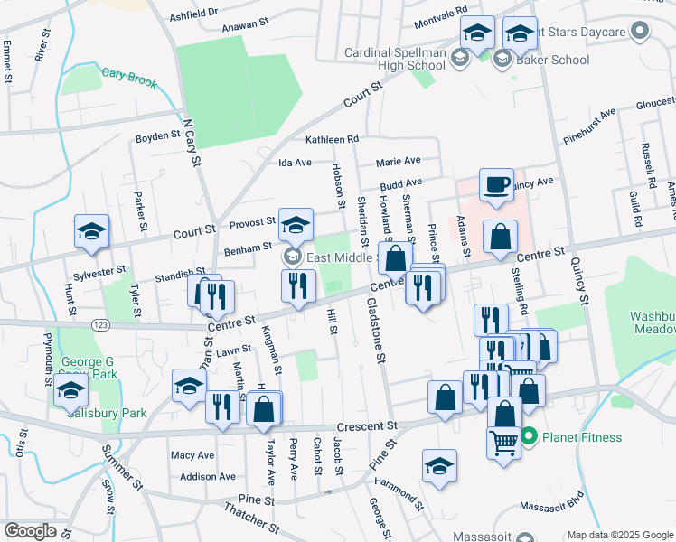 map of restaurants, bars, coffee shops, grocery stores, and more near 464 Centre Street in Brockton