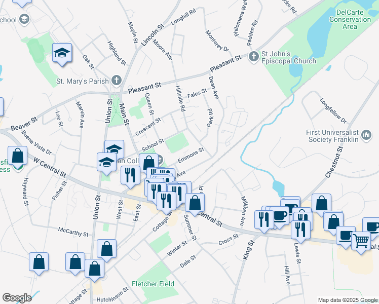 map of restaurants, bars, coffee shops, grocery stores, and more near 35 Emmons Street in Franklin