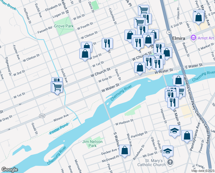 map of restaurants, bars, coffee shops, grocery stores, and more near 451-453 West Water Street in Elmira