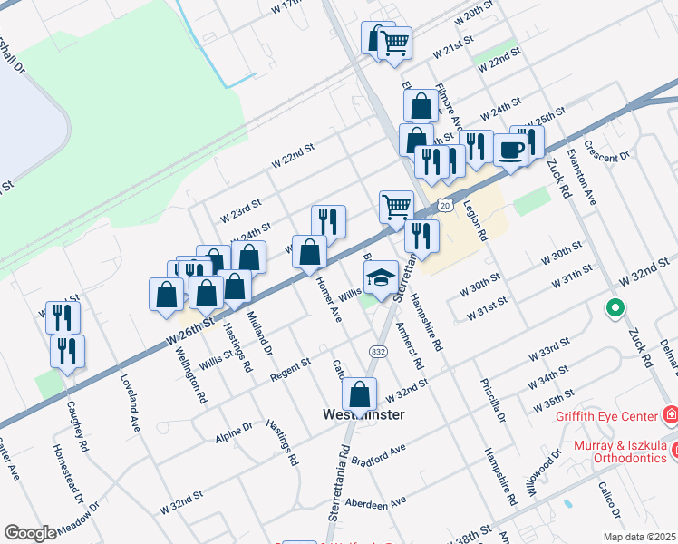 map of restaurants, bars, coffee shops, grocery stores, and more near 2614 Greeley Avenue in Erie