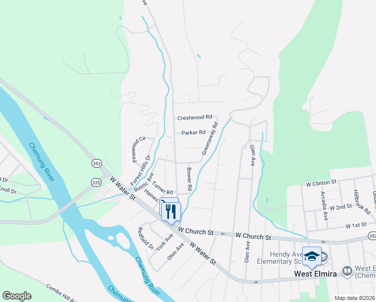 map of restaurants, bars, coffee shops, grocery stores, and more near 1737 Genesee Road in Elmira
