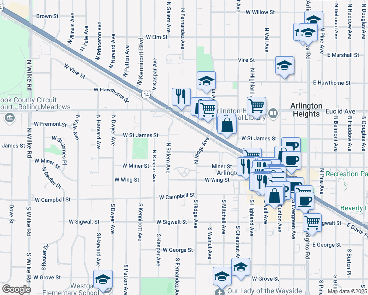 map of restaurants, bars, coffee shops, grocery stores, and more near 618 West Eastman Street in Arlington Heights