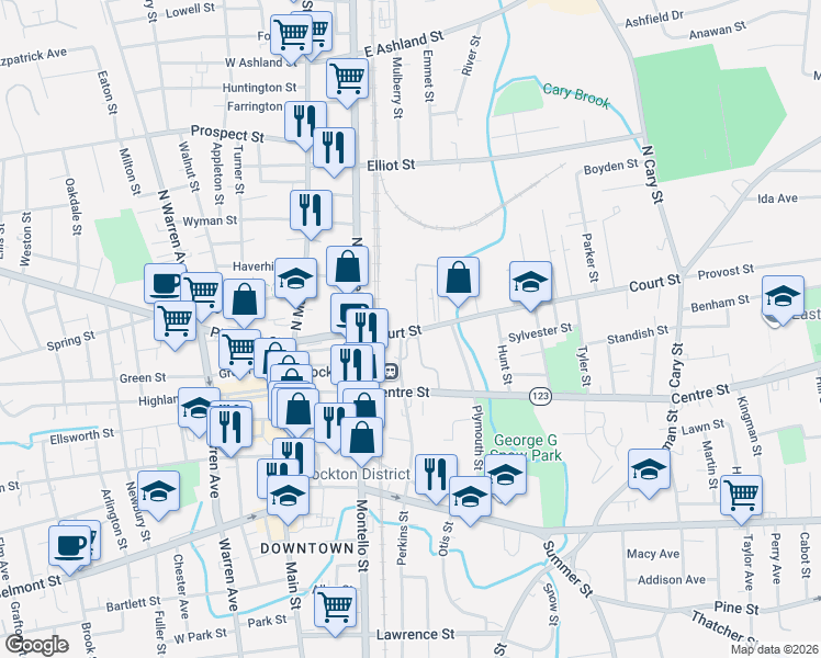 map of restaurants, bars, coffee shops, grocery stores, and more near in Brockton
