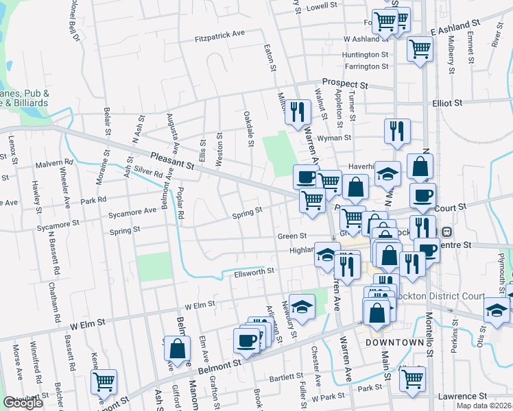map of restaurants, bars, coffee shops, grocery stores, and more near 7 Moreland Street in Brockton