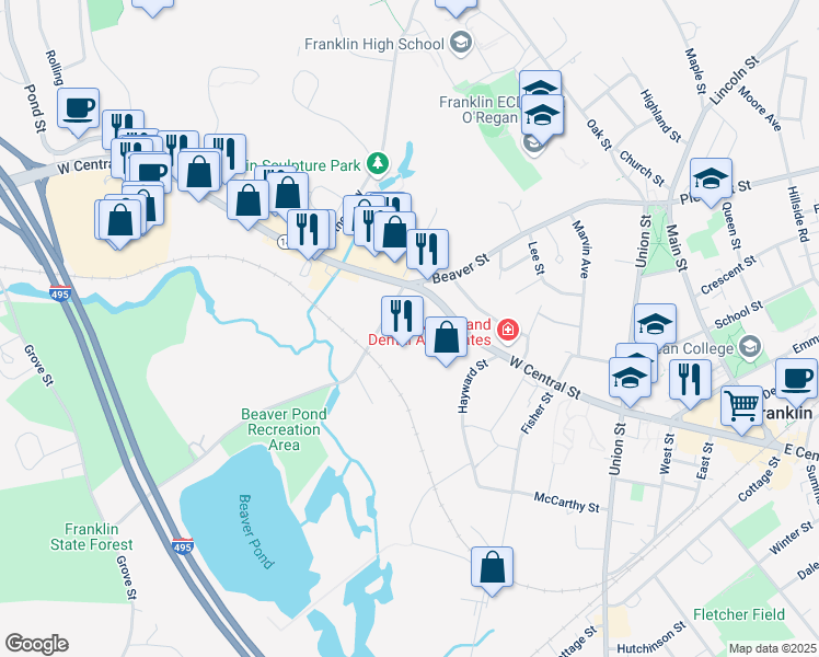 map of restaurants, bars, coffee shops, grocery stores, and more near 290 Beaver Street in Franklin