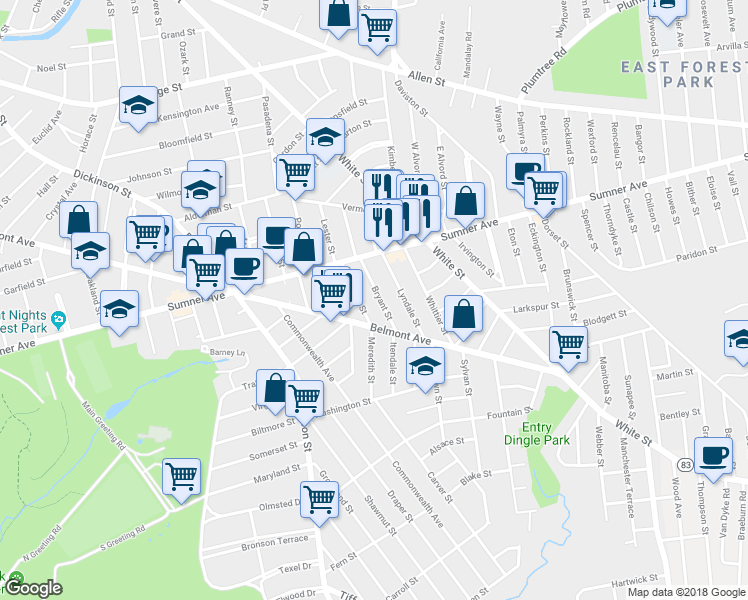 map of restaurants, bars, coffee shops, grocery stores, and more near 61 Orlando Street in Springfield