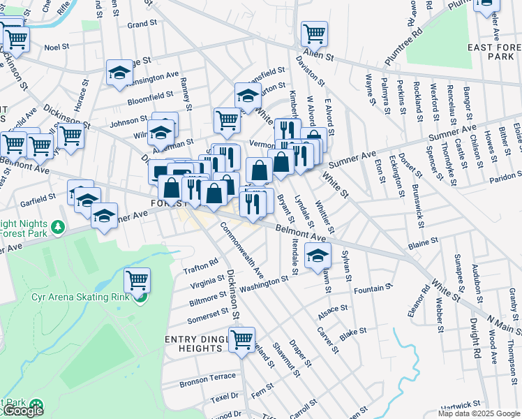 map of restaurants, bars, coffee shops, grocery stores, and more near 671 Belmont Avenue in Springfield