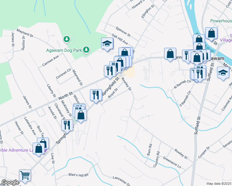 map of restaurants, bars, coffee shops, grocery stores, and more near 43 Randall Street in Agawam