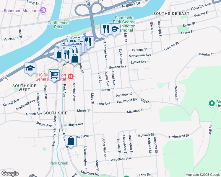 map of restaurants, bars, coffee shops, grocery stores, and more near 36 James Street in Binghamton